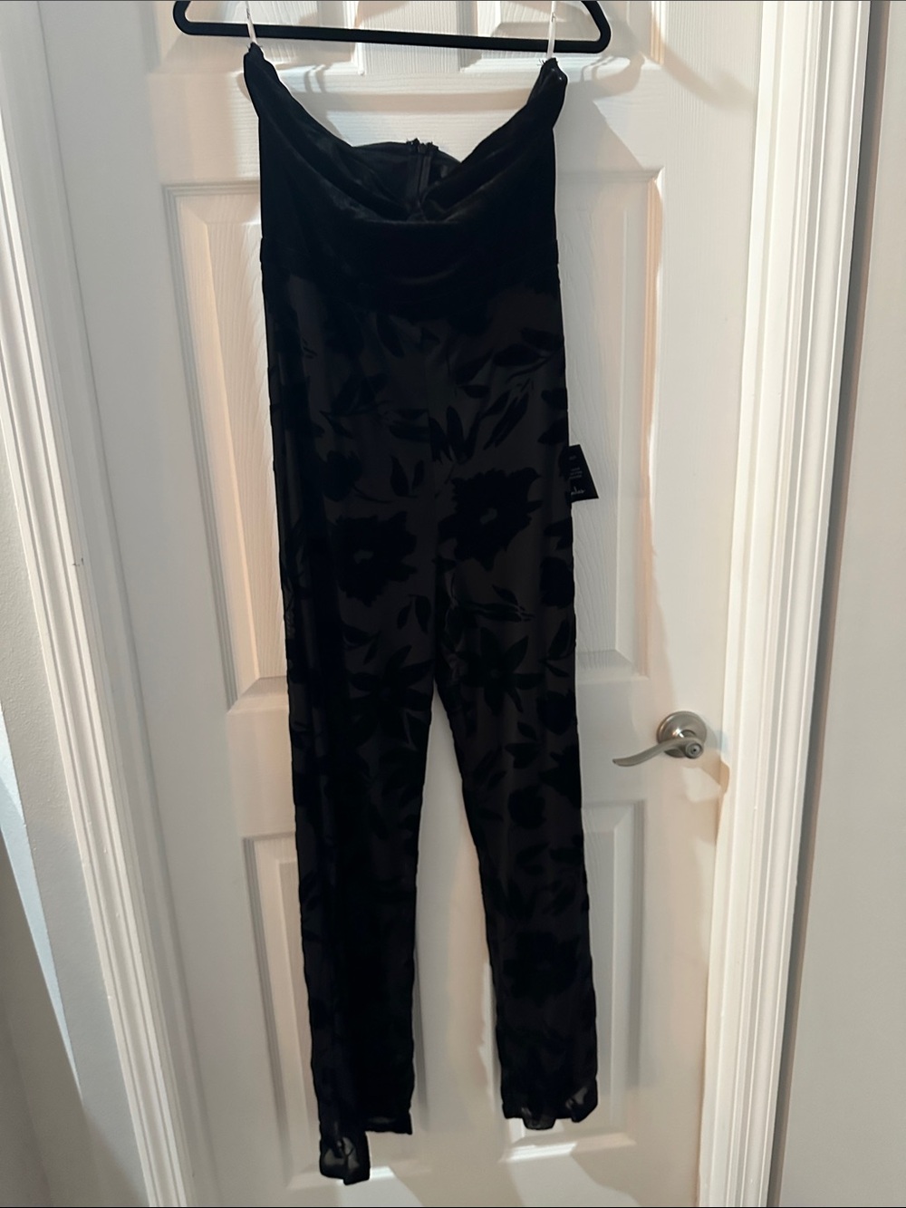 Lulu's Black Floral Velvet Strapless Jumpsuit